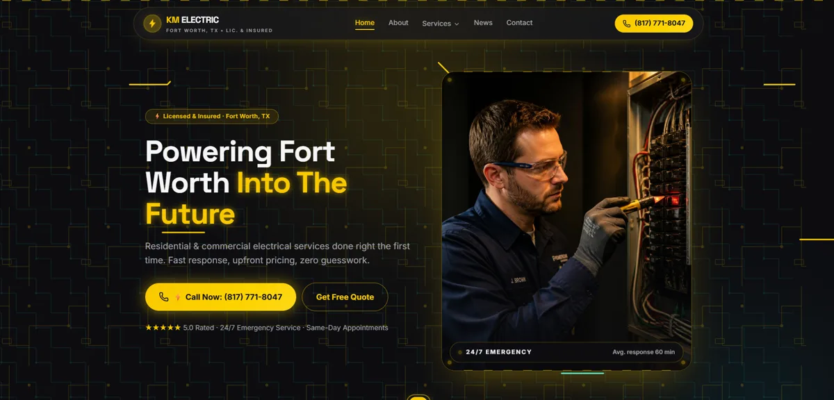 KM Electric Lightning electrical services website visual